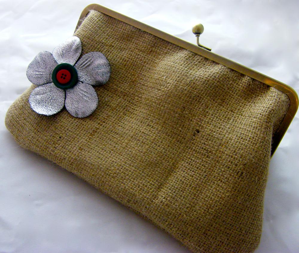 10" Fancy Jute Clutch - Silver Flower with Buttons ( Green & Red)
