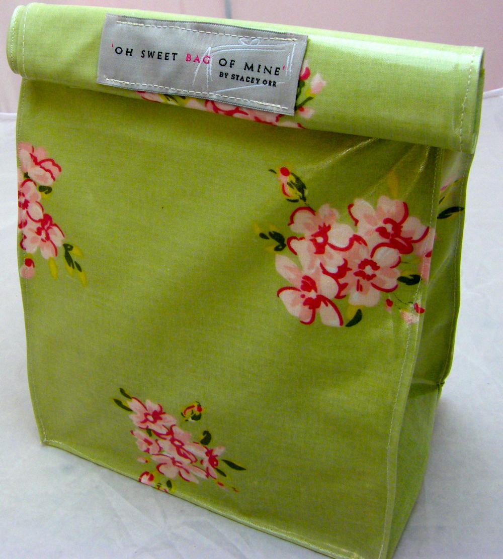 Oilcloth Lunch Bag - Flowers on Green