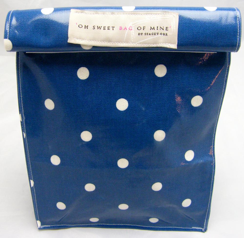Oilcloth Lunch Bag - Spots - White On Navy Blue 
