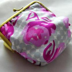 4" Silly Coin Purse - Pink Flowers on Grey Spots