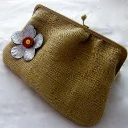 10" Fancy Jute Clutch - Silver Flower with Buttons  (Red & Yellow)