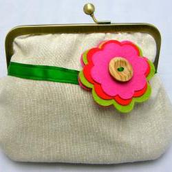 Linen Fabby Purse - Flower with Wooden Button  